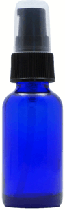 1 oz Blue Boston Round Glass Bottle with Black Ribbed Treatment Pump #AEDL6