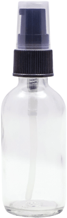 1 oz Clear Boston Round Glass Bottle with Black Ribbed Treatment Pump #AEDL92